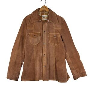 Vtg 70s Pioneer Wear Leather Western Jacket Men's Large Brown Suede Snap Front